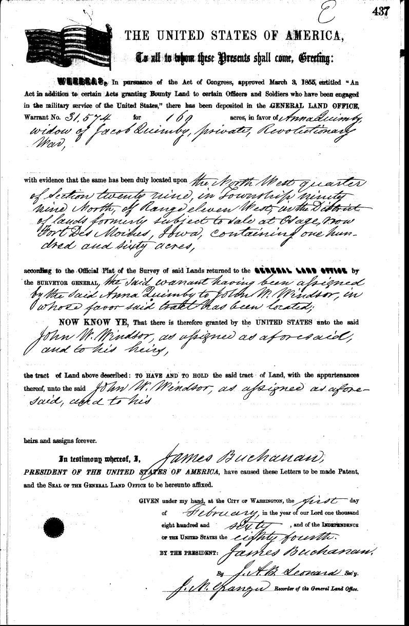 Anna Quimby widow of Jacob Land warrant