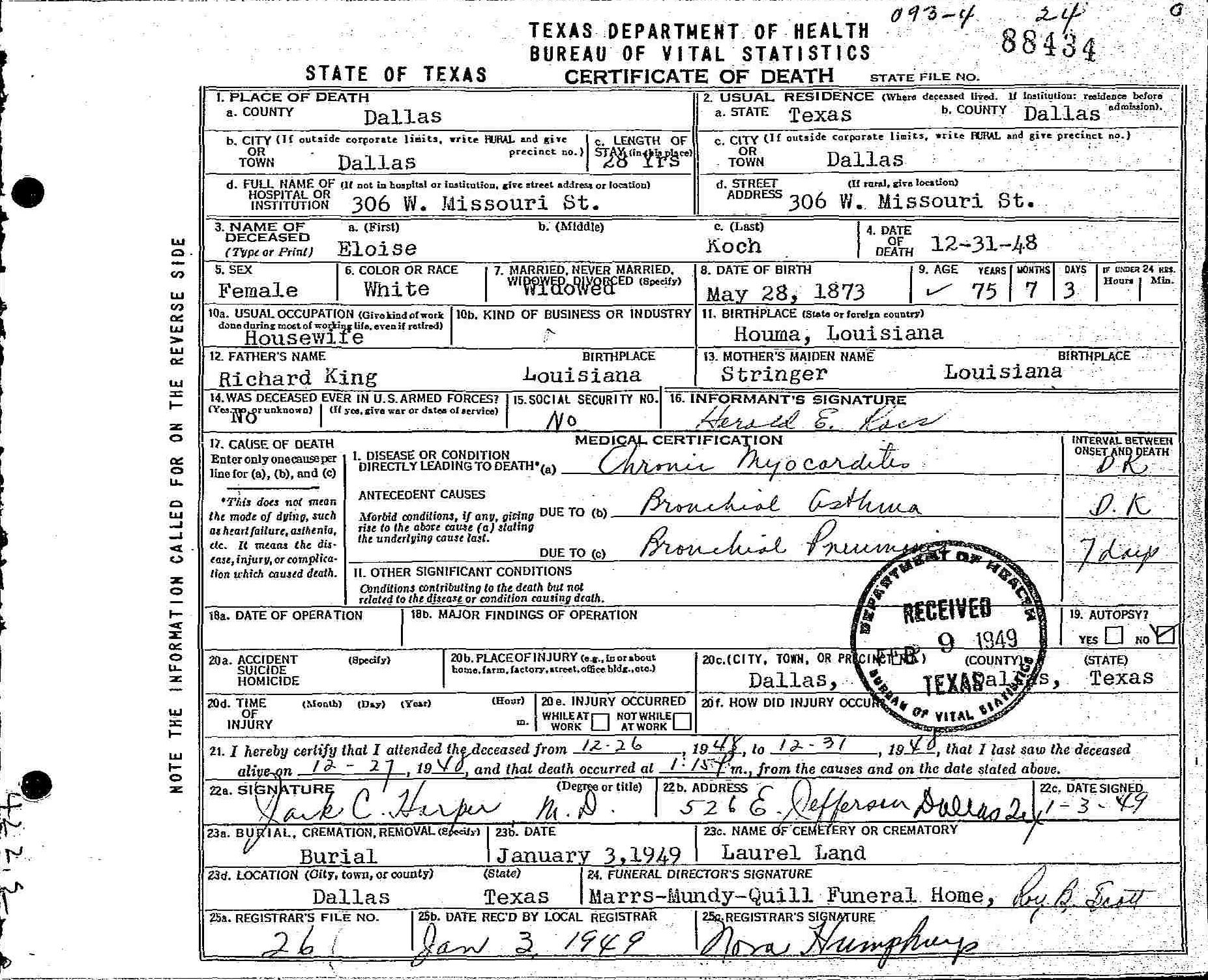 Eloise Death Certificate